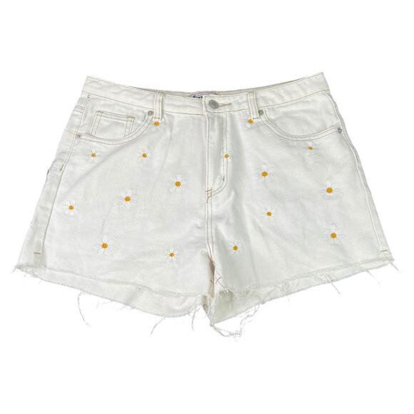 Vintage High Rise White Denim Jean Shorts Embroidered Daises 90s Womens 13 - Picture 1 of 5